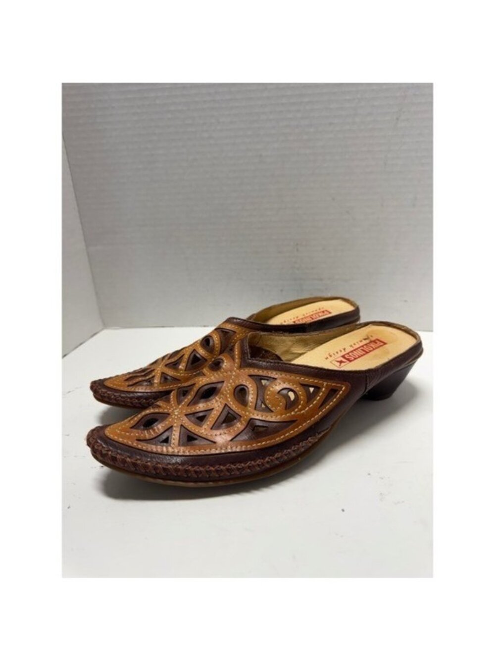 Pikolinos Spanish Design Brown Leather Laser Cut Mules Kitten Heel Size 37 6.5